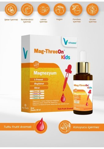 Vitasso Mag-Threeon Kids Magnezyum Tutti Frutti Yetişkin Vitamin 30 ml