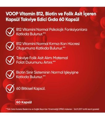 Voop Vitamin B12 Biotin Folik Asit Aromasız Yetişkin Vitamin 60 Kapsül