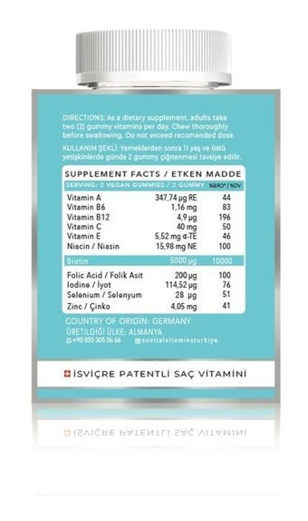 Sovital Hair Vitamins Biotin Aromasız Yetişkin Vitamin 3x60 Adet