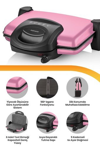 Goldmaster Lezzito 6 Dilim Granit Çıkartılabilir Plaka Çift Taraflı 1750 W Izgaralı Pembe Tost Makinesi