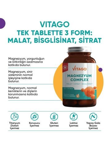 Vitago Magnezyum Complex Aromasız Yetişkin Vitamin 30 Tablet