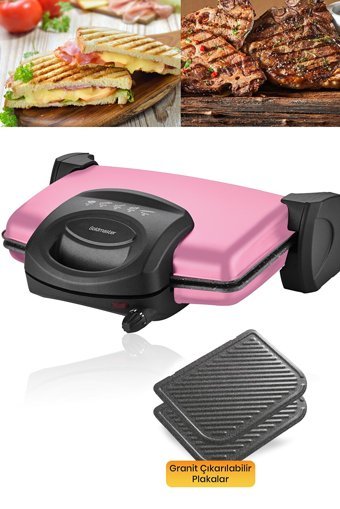 Goldmaster Lezzito 6 Dilim Granit Çıkartılabilir Plaka Çift Taraflı 1750 W Izgaralı Pembe Tost Makinesi