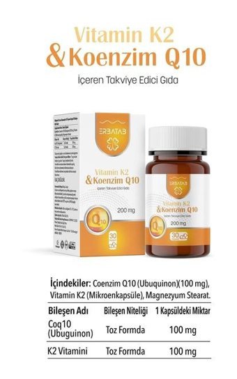 Erbatab Vitamin K2 Ve Koenzim Q10 Aromasız Yetişkin Vitamin 30 Kapsül