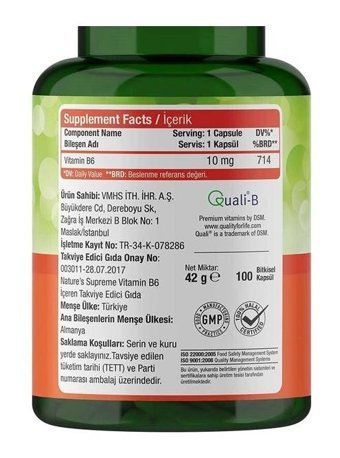 Nature'S Supreme Vitamin B6 Aromasız Yetişkin Vitamin 100 Kapsül