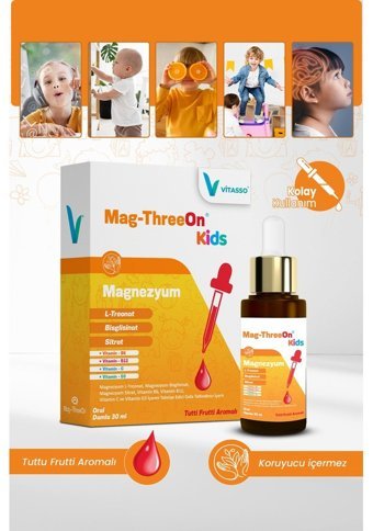Vitasso Mag Three-On Kids + Manyetik Tablet Tutti Frutti Yetişkin Vitamin 60 ml