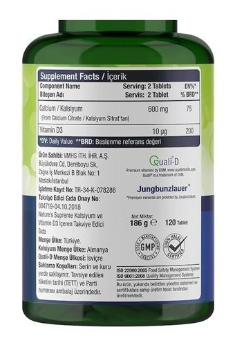 Nature'S Supreme Calcium With Vitamin D3 Aromasız Yetişkin Vitamin 120 Tablet