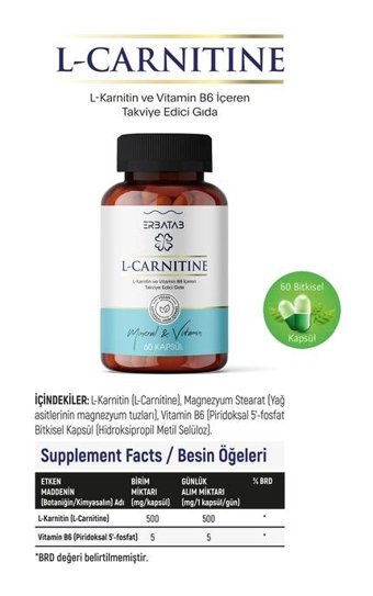 Erbatab L-Karnitin Aromasız Yetişkin Vitamin 60 Kapsül