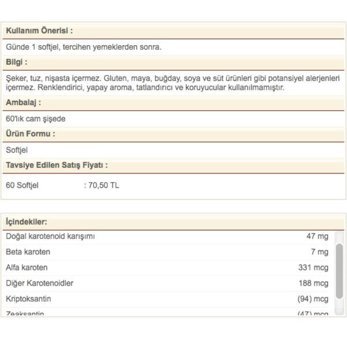 Solgar Beta Carotene Aromasız Yetişkin Vitamin 60 Adet