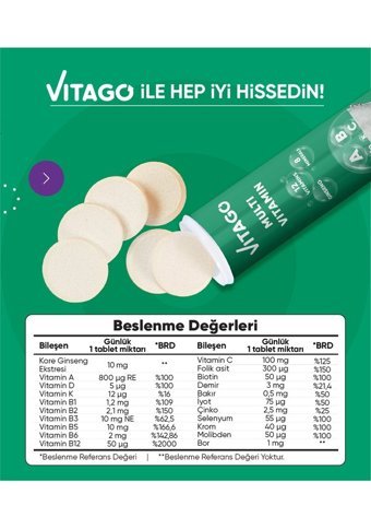 Vitago Multivitamin Ginseng Aromasız Yetişkin Vitamin 20 Tablet