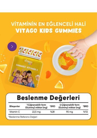 Vitago Kids Gummies Vitamin C Doğal Meyve Yetişkin Vitamin 60 Kapsül