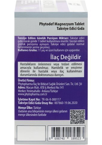 Phytodef Magnezyum Vitamin B6 - D3 Aromasız Yetişkin Vitamin 30 Tablet