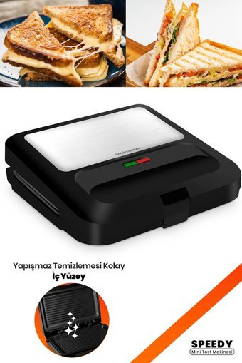Goldmaster Speedy 2 Dilim Teflon Çıkartılabilir Plaka Tek Yönlü 750 W Izgaralı Mini inox Tost Makinesi