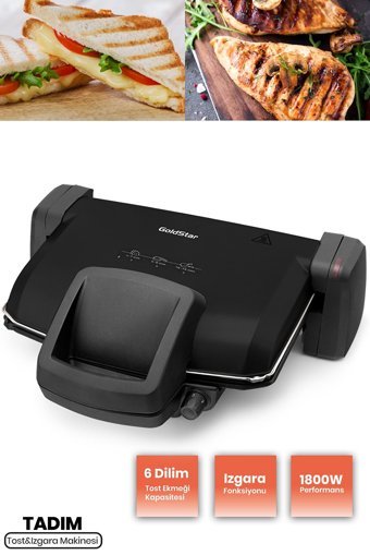 Goldmaster Tadım GM-7456 6 Dilim Granit Çıkartılabilir Plaka Tek Yönlü 1800 W Izgaralı Siyah Tost Makinesi
