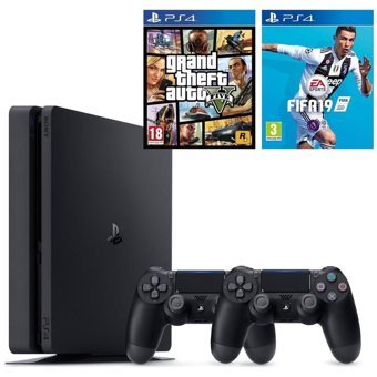 Sony Playstation 4 Slim 500 GB + 2 DualShock Kol + PS4 FIFA 19 + PS4 Grand Theft Auto 5