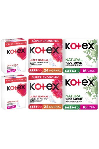 Kotex Organik Antialerjik Kalın-İnce-Orta Normal-Ultra Uzun-Uzun 58'li Hijyenik Ped 6 Adet
