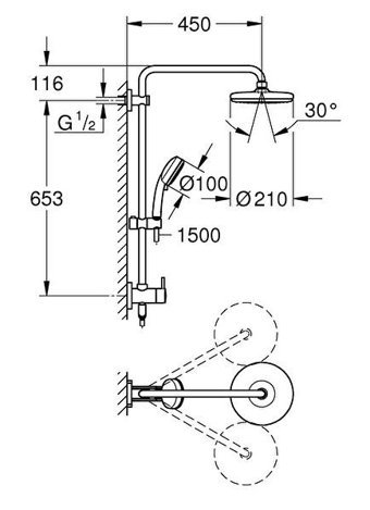 Grohe Retrofit System 210 Yağmurlama Sürgülü Mafsallı Duş Seti