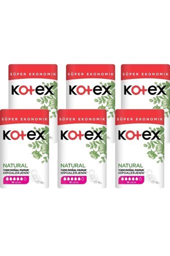 Kotex Natural Organik Antialerjik Orta Uzun 16'lı Hijyenik Ped 6 Adet