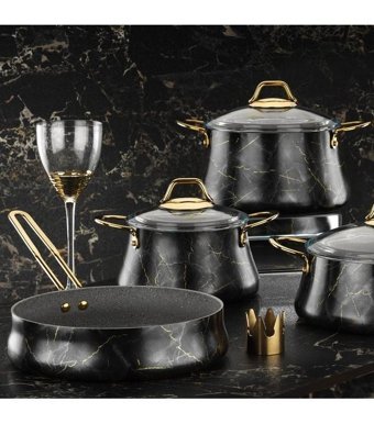 Brioni Marble 7 Parça Granit Tencere ve Tava Seti