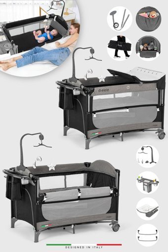 Elele 25 kg Kapasiteli Taşınabilir Ara Katlı 120x70 cm Sallanan Anne Yanı Park Yatak Siyah-Gri