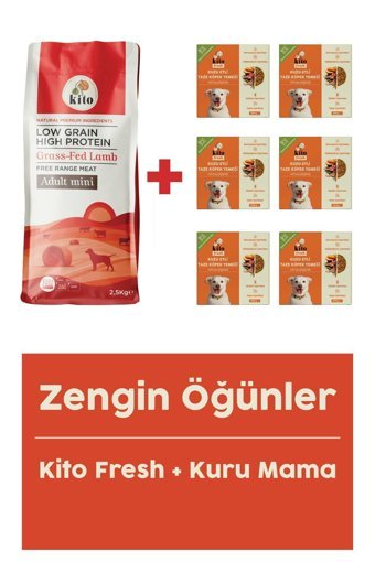 Kito Mini Kuzu Etli Aromalı Parça Etli Yetişkin Köpek Maması 2.5 kg 6'lı + Kuzu Etli Taze Köpek Yemeği 6'lı
