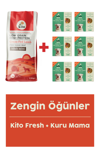 Kito Mini Dana Etli Aromalı Parça Etli Yetişkin Köpek Maması 2.5 kg 6'lı + Dana Etli Taze Köpek Yemeği 6'lı