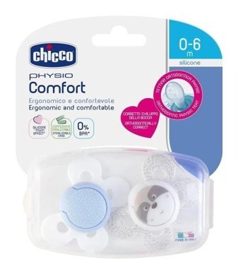 Chicco Physio Comfort 0-6 Ay Ortodontik Damaklı Silikon 2'li Emzik Beyaz-Mavi