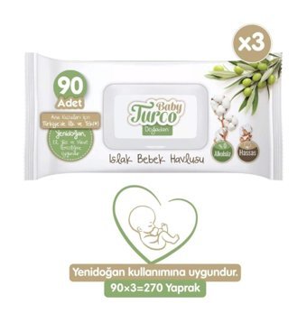 Baby Turco Doğadan Yenidoğan 90 Yaprak 3'lü Paket Islak Bebek Havlusu