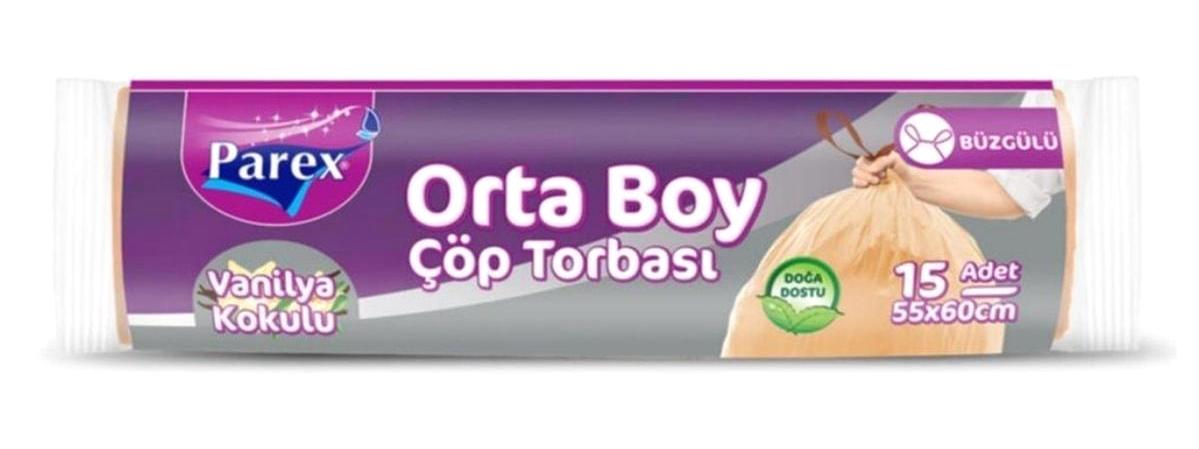 Parex Vanilya Kokulu Büzgülü Orta Boy 55x60 cm Çöp Poşeti 15 Adet Turuncu