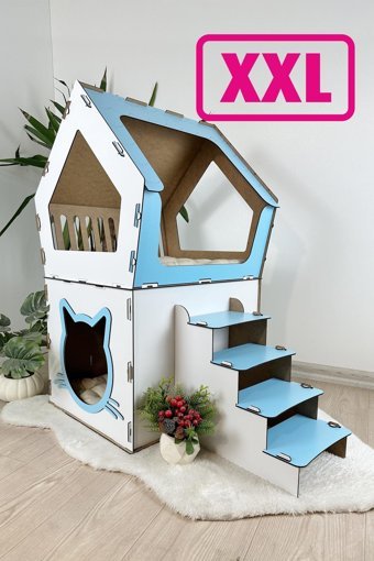 Onix Home Beşgen 2 Katlı İç Mekan Ahşap Kedi Evi Turkuaz