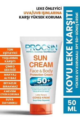 Procsin Sun Cream Face & Body Renksiz 50+ Faktör Tüm Ciltler İçin Leke Karşıtı Nemlendirici Mineral Filtreli Suya Dayanıklı Yağlı Tüm Vücut ve Yüz Güneş Kremi 50 ml