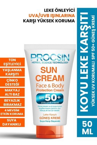Procsin 50 Faktör Tüm Ciltler İçin Nemlendirici Suya Dayanıklı Yüz ve Vücut Güneş Kremi 50 ml