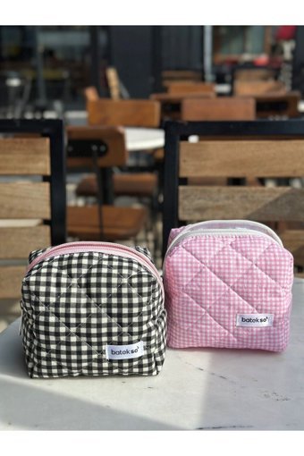 Batekso Pembe Siyah Kareli Tekstil Makyaj Çantası