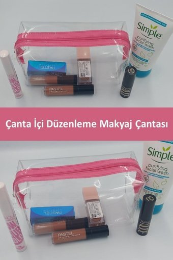 Çamdertekstil Pembe Düz Şeffaf Makyaj Çantası