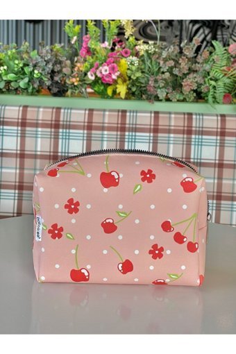 Batekso Pembe Kiraz Desenli Suni Deri Makyaj Çantası