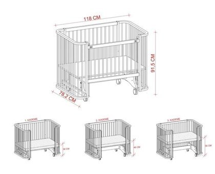 Meltem Smart Bambino Ahşap 15 kg Dikdörtgen Tekerlekli Yataklı Sallanan Anne Yanı Beşik Ekru