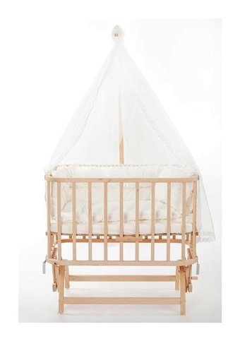 Baby Tech Ahşap 15 kg Oval Tekerlekli Yataklı Sallanan Anne Yanı Beşik Naturel