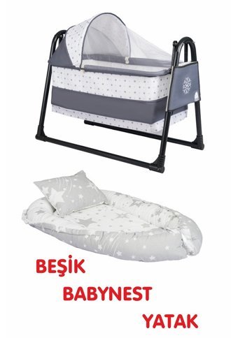 Özbay Kumaş - Metal 15 kg Dikdörtgen Yataklı Sallanan Portatif Beşik Gri