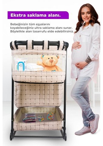 Bebelow Safir Metal 15 kg Dikdörtgen Tekerlekli Yataklı Sallanan Anne Yanı Beşik Krem