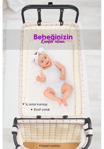 Bebelow Safir Metal 15 kg Dikdörtgen Tekerlekli Yataklı Sallanan Anne Yanı Beşik Krem