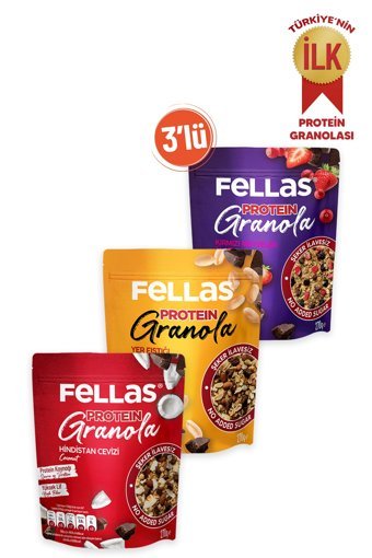 Fellas Protein Bar Hindistan Cevizli Granola 270 gr + Kırmızı Meyveli 270 gr + Yer Fıstıklı 270 gr