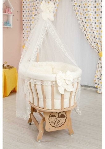 Bebekonfor Ds-05 Kayın Ağacı 13 kg Oval Tekerlekli Yataklı Sallanan Portatif Beşik Krem