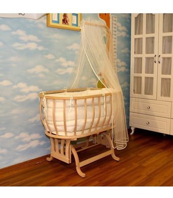 Baby Plus Naturel Ahşap 15 kg Oval Tekerlekli Yataklı Sallanan Portatif Beşik Ahşap