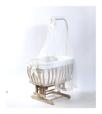 Bebeşik Ahşap 15 kg Oval Tekerlekli Yataklı Sallanan Portatif Beşik Beyaz
