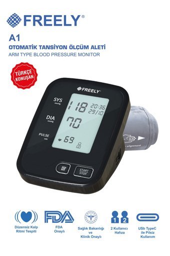 Freely A1 2 Kullanıcı 198 Ölçüm Hafızalı Konuşan Dijital Koldan Tam Otomatik Tansiyon Aleti