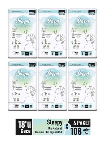 Sleepy Bio Natural Premium Plus Organik İnce Antialerjik 36'lı Hijyenik Ped 3 Adet