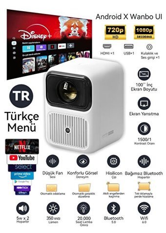 Wanbo HD Mini Android Wifi 350 ANSI Taşınabilir LED Projeksiyon Cihazı