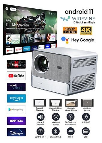 Wanbo 4K Mini Android Wifi 3D 600 ANSI Taşınabilir LED Projeksiyon Cihazı