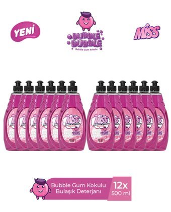 Miss Bubble Gum Kokulu Sıvı El Bulaşık Deterjanı 12x500 ml