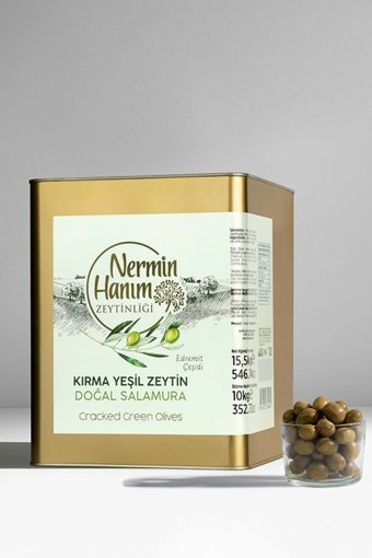 Nermin Hanım Zeytinliği Edremit Kırma Tuzlu Salamura Yeşil Zeytin Teneke 10 kg