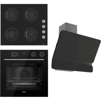 Ferre XE64CS-CS205-D080 Dijital Doğalgazlı Cam Set Üstü Davlumbaz 3'lü Ankastre Set Siyah